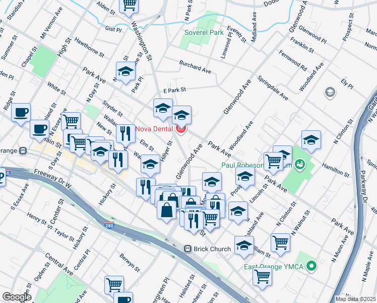 map of restaurants, bars, coffee shops, grocery stores, and more near 55 Glenwood Avenue in East Orange