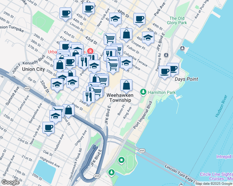 map of restaurants, bars, coffee shops, grocery stores, and more near 65 Highwood Terrace in Weehawken