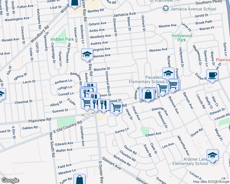 map of restaurants, bars, coffee shops, grocery stores, and more near 31 Vernon Street in Plainview