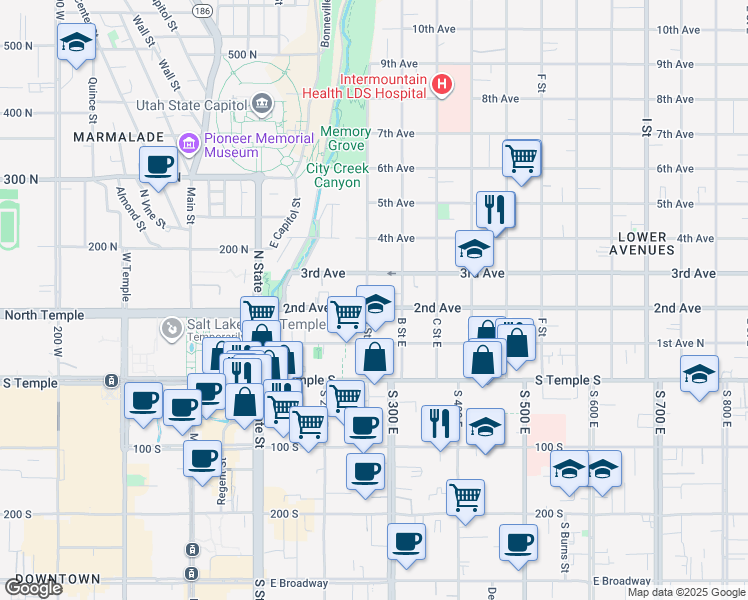 map of restaurants, bars, coffee shops, grocery stores, and more near 87 A Street East in Salt Lake City