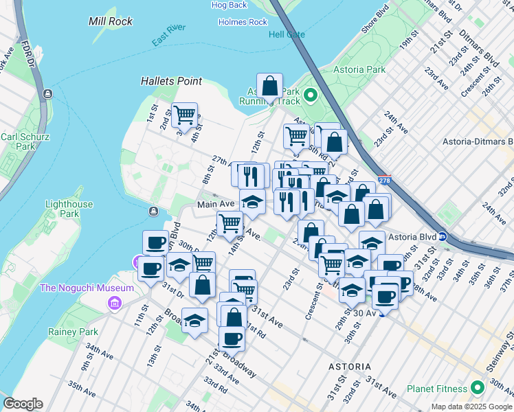 map of restaurants, bars, coffee shops, grocery stores, and more near 28-15 14th Street in Queens
