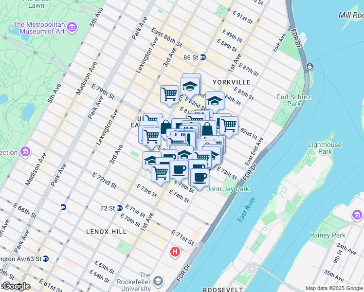map of restaurants, bars, coffee shops, grocery stores, and more near 355 East 78th Street in New York