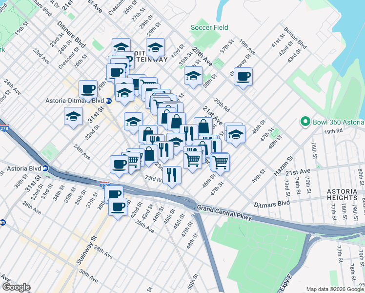 map of restaurants, bars, coffee shops, grocery stores, and more near 22-10 42nd Street in Queens
