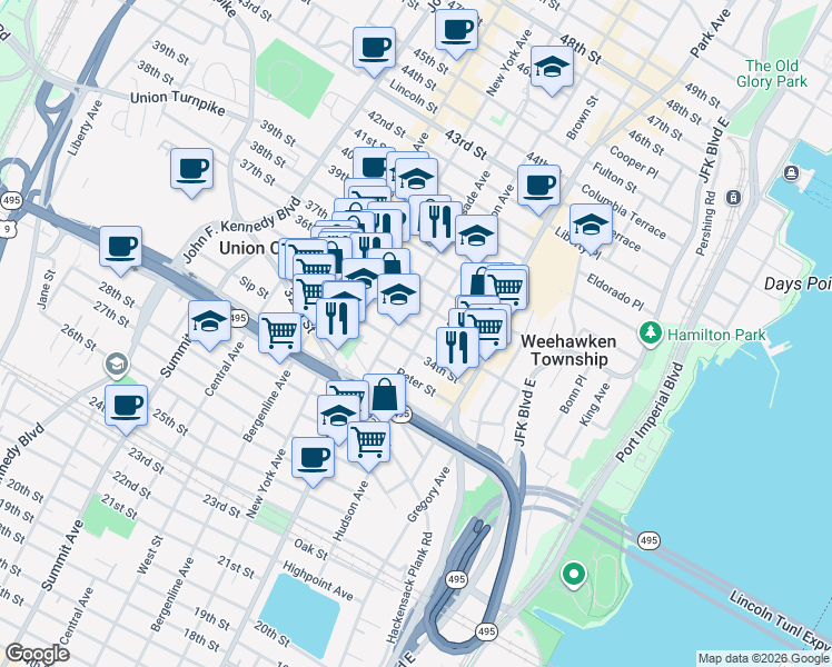map of restaurants, bars, coffee shops, grocery stores, and more near 146 34th Street in Union City