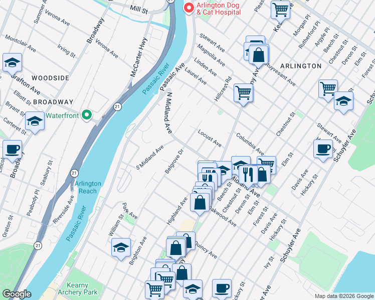 map of restaurants, bars, coffee shops, grocery stores, and more near 612 Belgrove Drive in Kearny