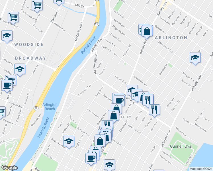 map of restaurants, bars, coffee shops, grocery stores, and more near 632 Belgrove Drive in Kearny