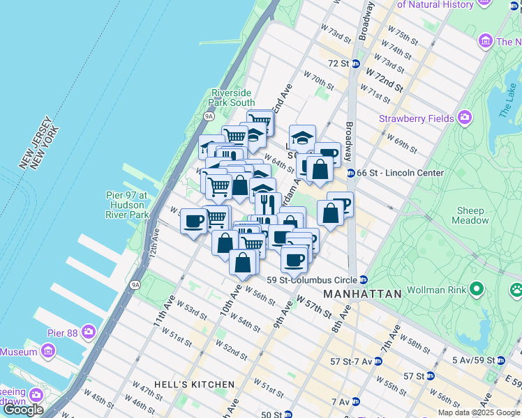 map of restaurants, bars, coffee shops, grocery stores, and more near 210 West 61st Street in New York