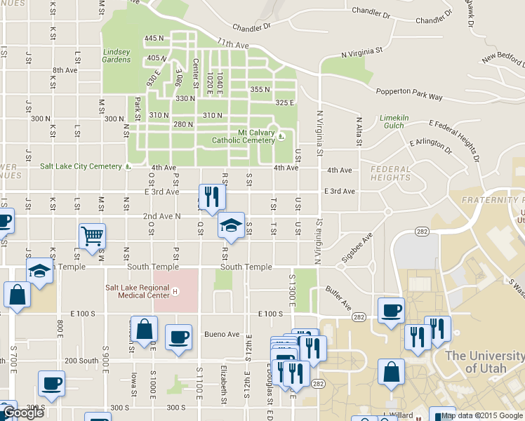 map of restaurants, bars, coffee shops, grocery stores, and more near 1121 2nd Avenue North in Salt Lake City
