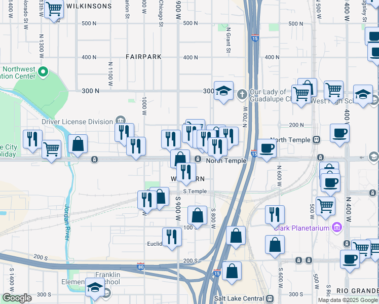 map of restaurants, bars, coffee shops, grocery stores, and more near 850 West North Temple Street in Salt Lake City