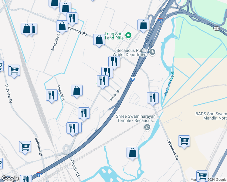 map of restaurants, bars, coffee shops, grocery stores, and more near 167 Charles Street in Secaucus