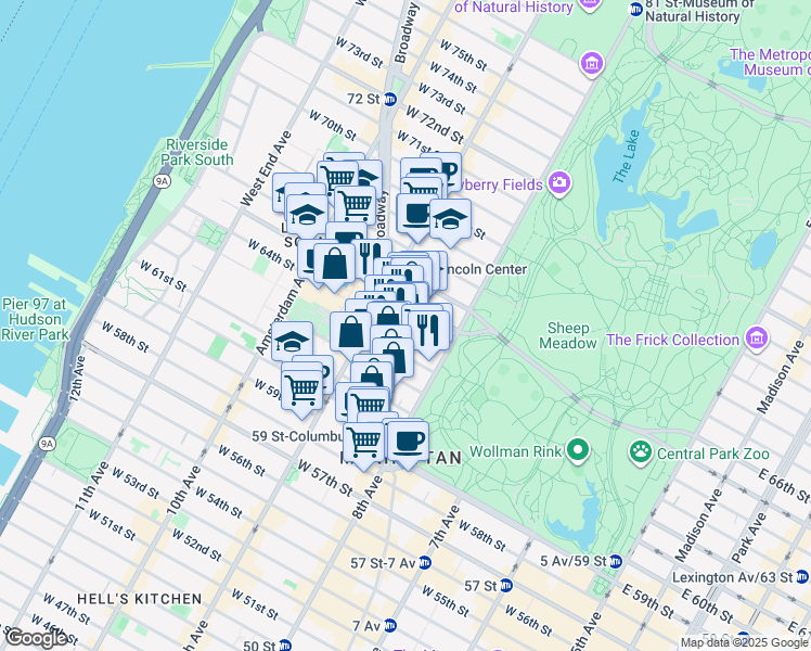 map of restaurants, bars, coffee shops, grocery stores, and more near 41 West 64th Street in New York