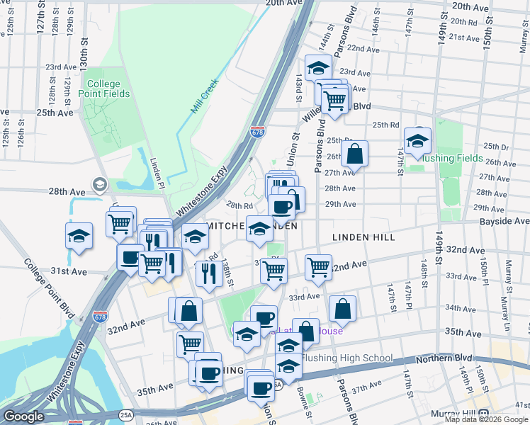map of restaurants, bars, coffee shops, grocery stores, and more near 139-19 31st Road in Queens