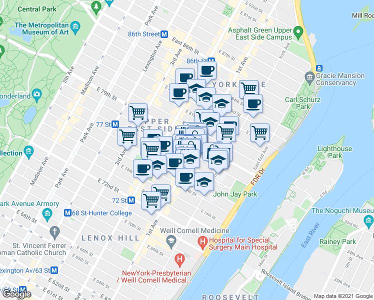 map of restaurants, bars, coffee shops, grocery stores, and more near 353 East 78th Street in New York