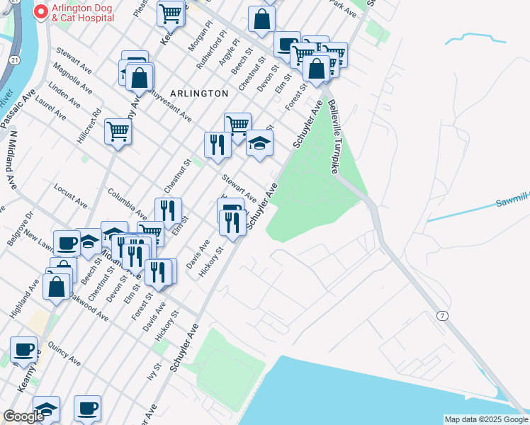 map of restaurants, bars, coffee shops, grocery stores, and more near 700 Schuyler Avenue in Kearny