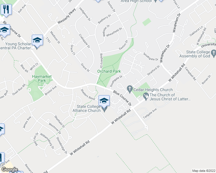 map of restaurants, bars, coffee shops, grocery stores, and more near 993 Southgate Drive in State College