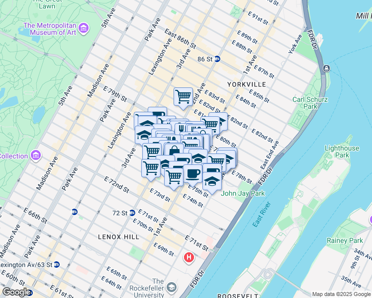 map of restaurants, bars, coffee shops, grocery stores, and more near 332 East 78th Street in New York