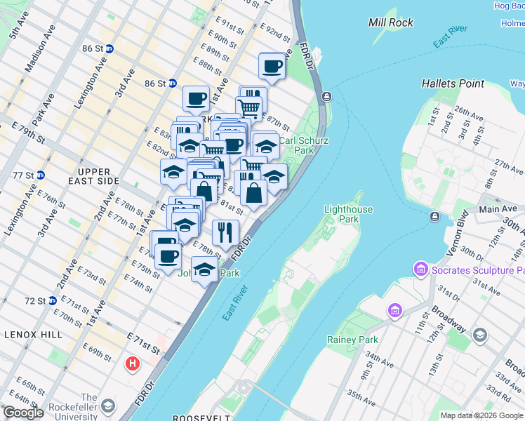 map of restaurants, bars, coffee shops, grocery stores, and more near 55 East End Avenue in New York