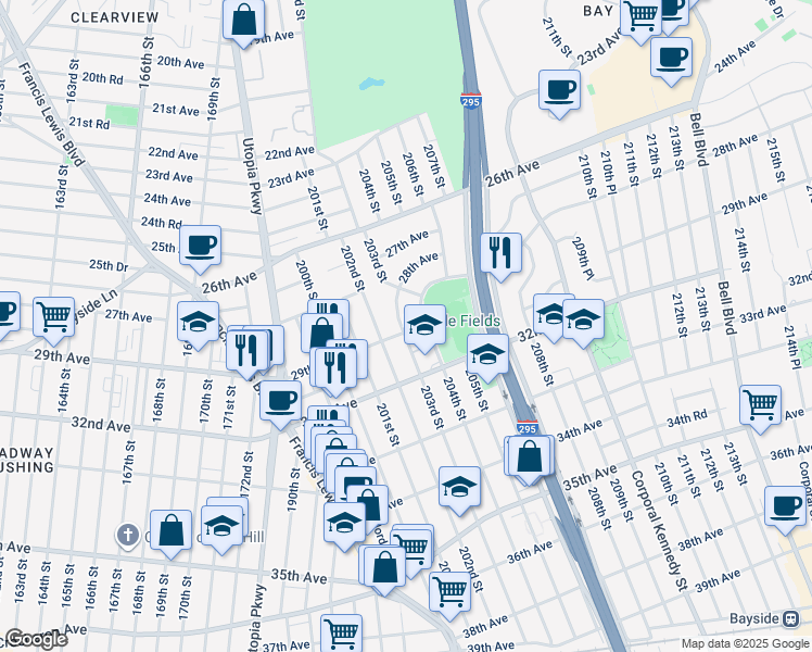map of restaurants, bars, coffee shops, grocery stores, and more near 29-1 202nd Street in Queens