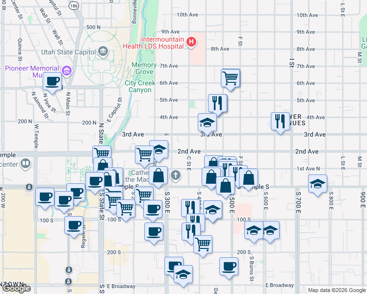 map of restaurants, bars, coffee shops, grocery stores, and more near 279 East 2nd Avenue in Salt Lake City