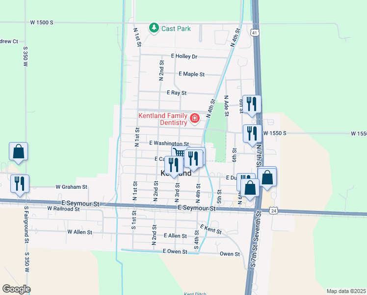 map of restaurants, bars, coffee shops, grocery stores, and more near 308 East Carroll Street in Kentland