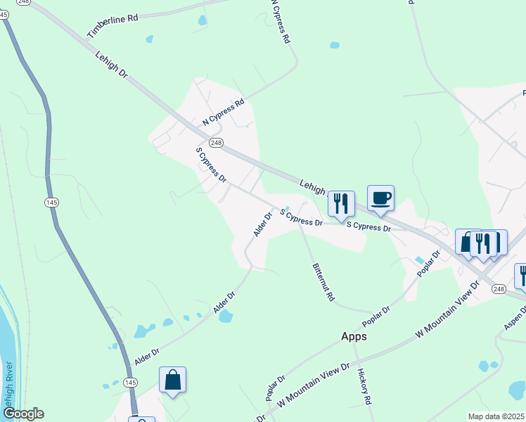 map of restaurants, bars, coffee shops, grocery stores, and more near 4795 Alder Drive in Walnutport
