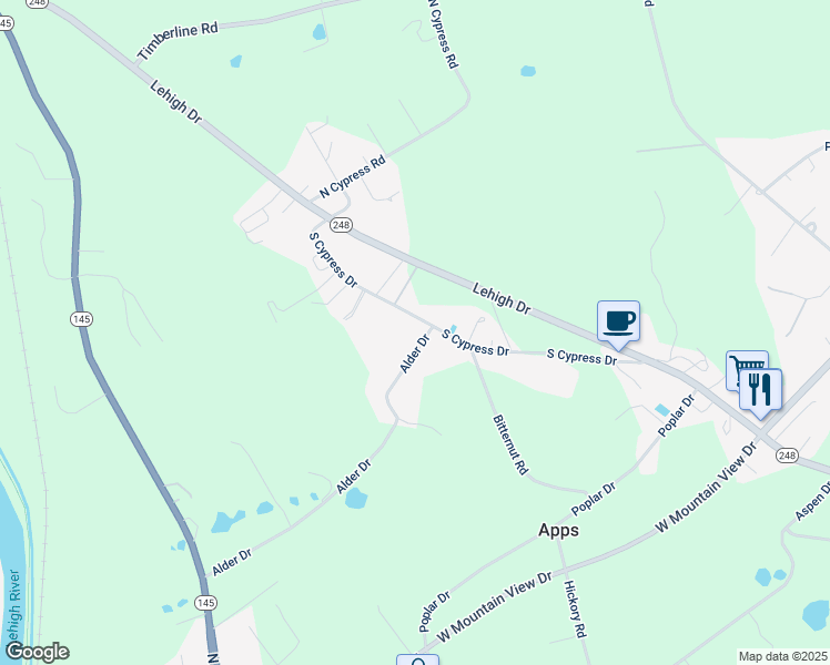 map of restaurants, bars, coffee shops, grocery stores, and more near 4797 South Cypress Drive in Walnutport