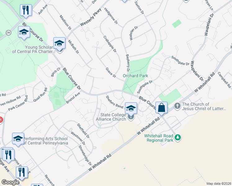map of restaurants, bars, coffee shops, grocery stores, and more near 1460-35 Blue Course Drive in State College