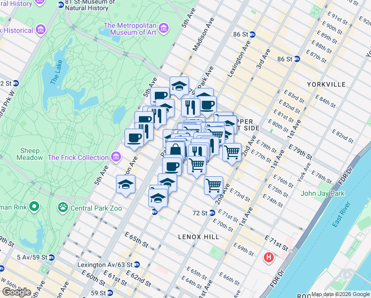 map of restaurants, bars, coffee shops, grocery stores, and more near 125 East 73rd Street in New York