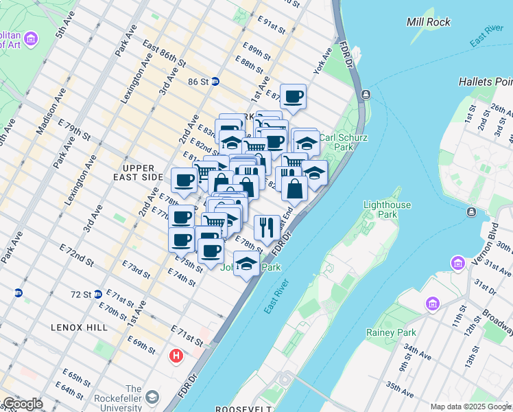 map of restaurants, bars, coffee shops, grocery stores, and more near 507 East 80th Street in New York