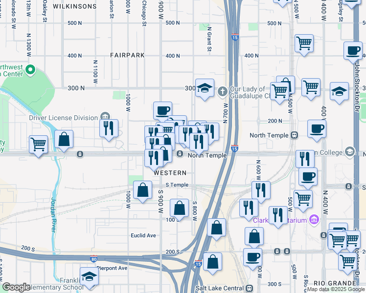 map of restaurants, bars, coffee shops, grocery stores, and more near 850 West North Temple Street in Salt Lake City