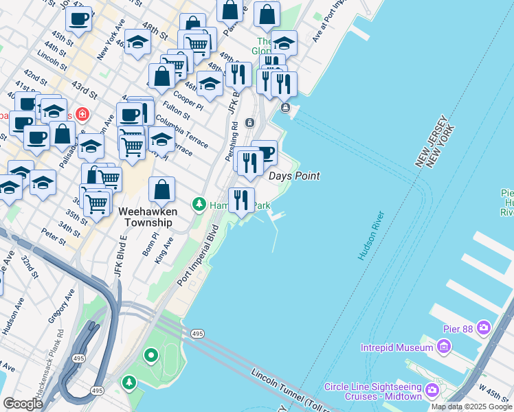 map of restaurants, bars, coffee shops, grocery stores, and more near 1 Pershing Road in Weehawken