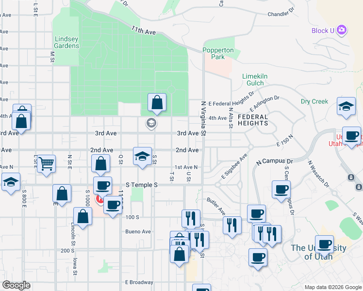 map of restaurants, bars, coffee shops, grocery stores, and more near 84 U Street in Salt Lake City