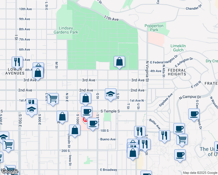 map of restaurants, bars, coffee shops, grocery stores, and more near 1054 East 2nd Avenue in Salt Lake City