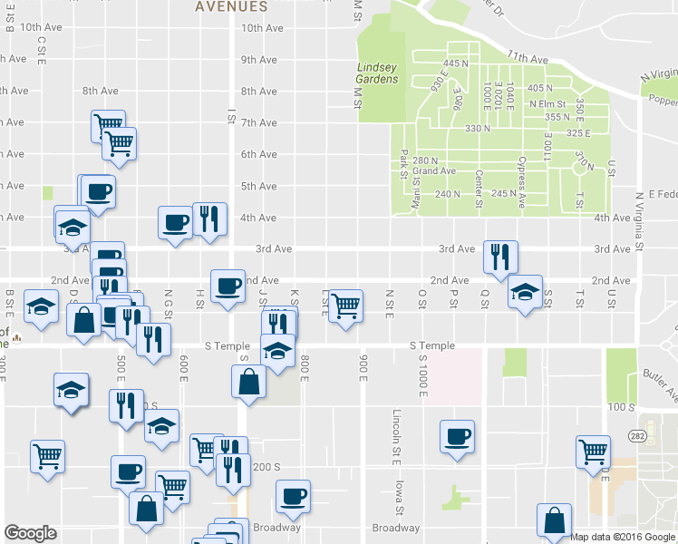 map of restaurants, bars, coffee shops, grocery stores, and more near 90 L Street East in Salt Lake City