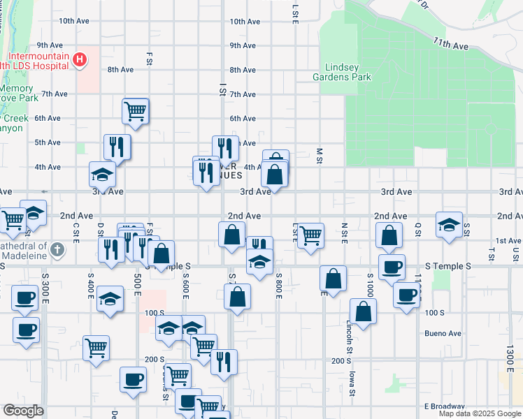 map of restaurants, bars, coffee shops, grocery stores, and more near 88 K Street East in Salt Lake City