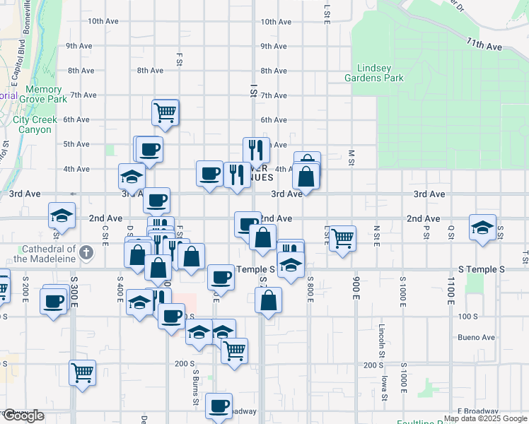 map of restaurants, bars, coffee shops, grocery stores, and more near 604 2nd Avenue in Salt Lake City