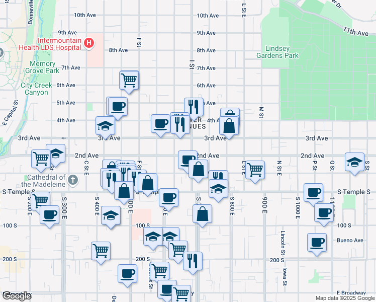 map of restaurants, bars, coffee shops, grocery stores, and more near 604 2nd Avenue in Salt Lake City