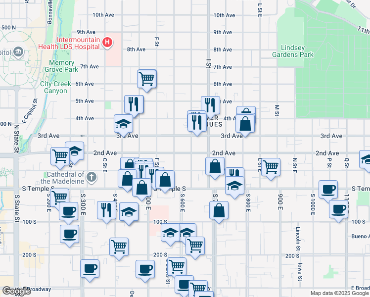 map of restaurants, bars, coffee shops, grocery stores, and more near 89 H Street in Salt Lake City