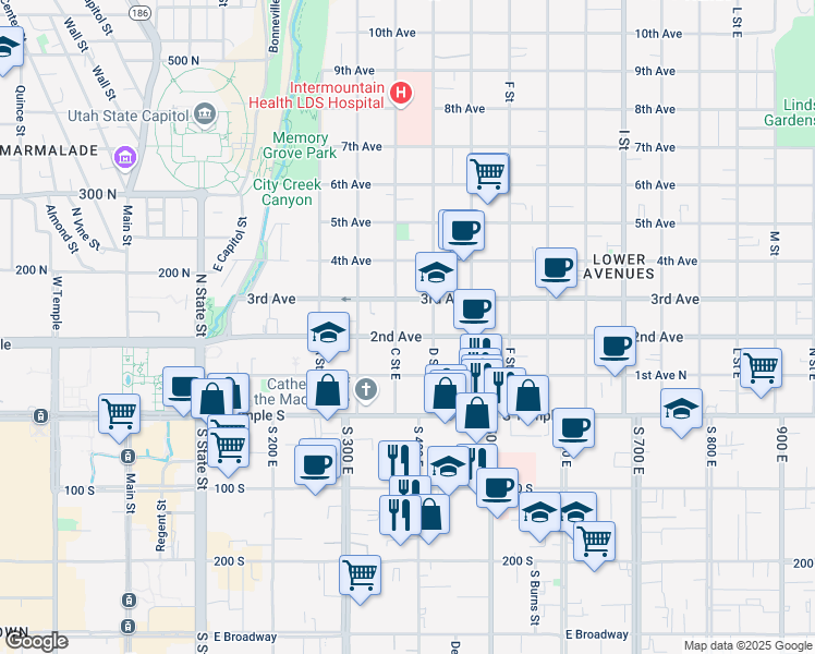 map of restaurants, bars, coffee shops, grocery stores, and more near 86 C Street East in Salt Lake City
