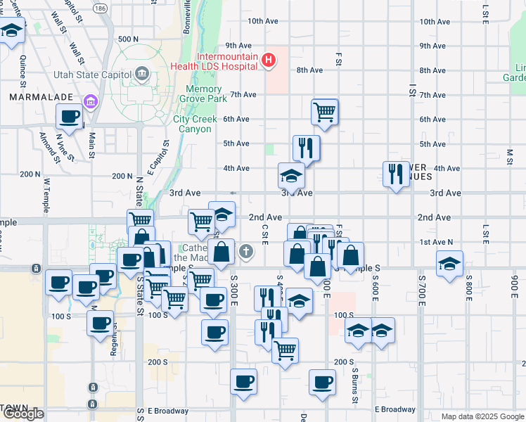map of restaurants, bars, coffee shops, grocery stores, and more near 86 C Street East in Salt Lake City