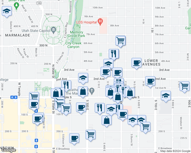 map of restaurants, bars, coffee shops, grocery stores, and more near 86 C Street East in Salt Lake City