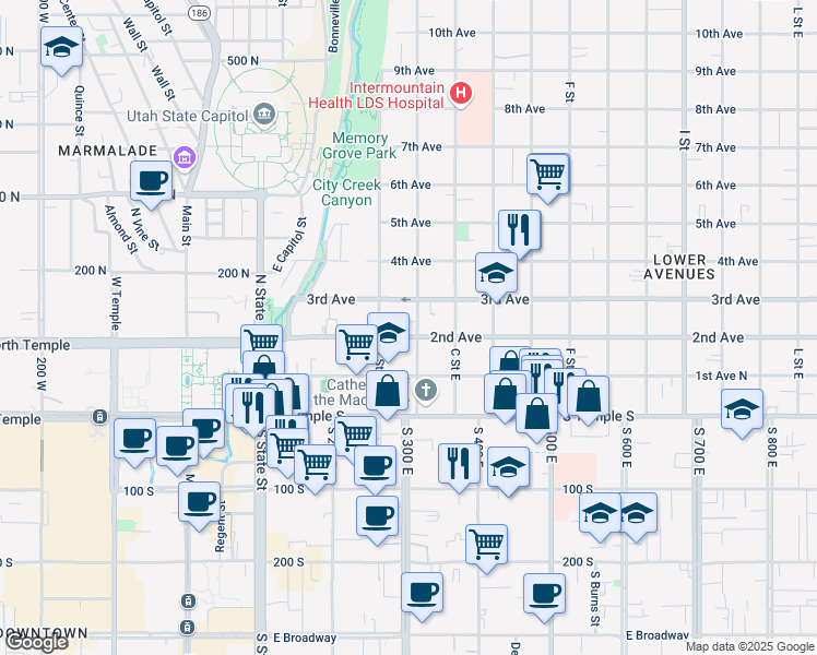map of restaurants, bars, coffee shops, grocery stores, and more near in Salt Lake City