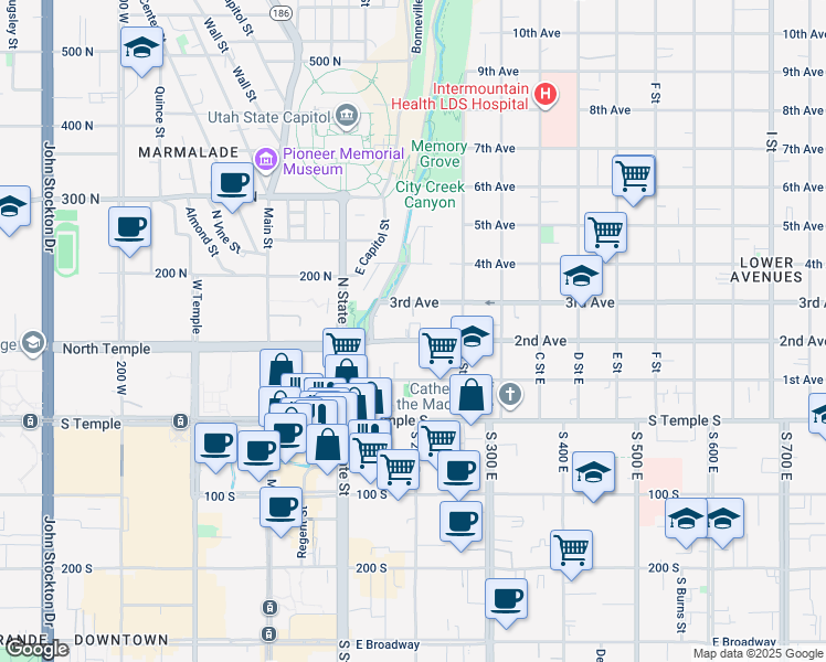 map of restaurants, bars, coffee shops, grocery stores, and more near 146 2nd Avenue in Salt Lake City
