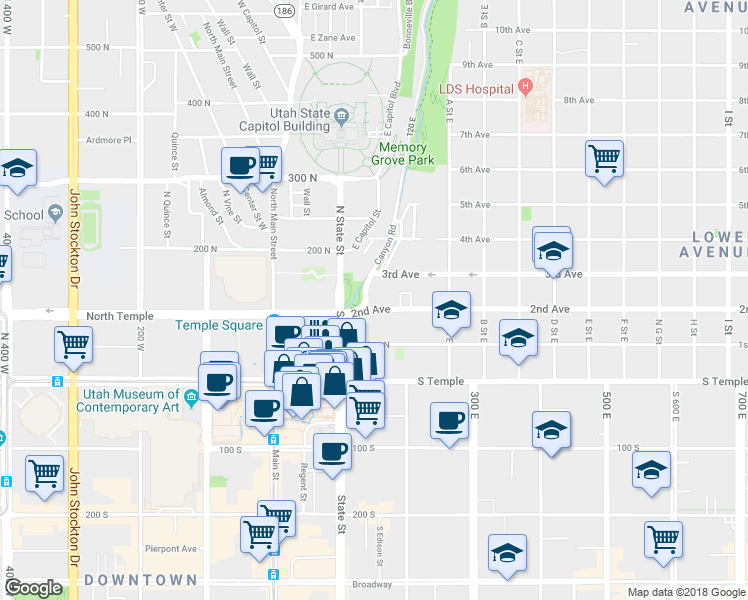 map of restaurants, bars, coffee shops, grocery stores, and more near 124 2nd Avenue in Salt Lake City