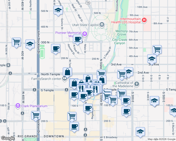 map of restaurants, bars, coffee shops, grocery stores, and more near 111 Main Street in Salt Lake City