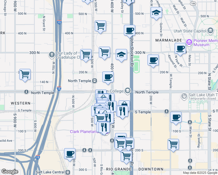 map of restaurants, bars, coffee shops, grocery stores, and more near 101 North 400 West in Salt Lake City