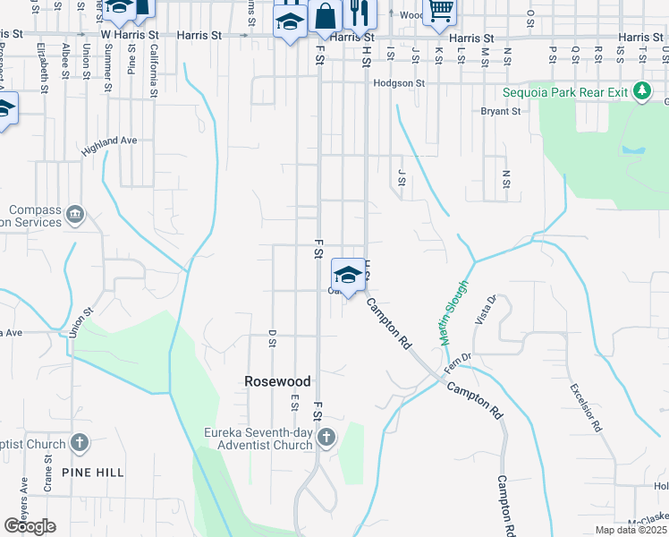 map of restaurants, bars, coffee shops, grocery stores, and more near 3873-3899 G Street in Eureka