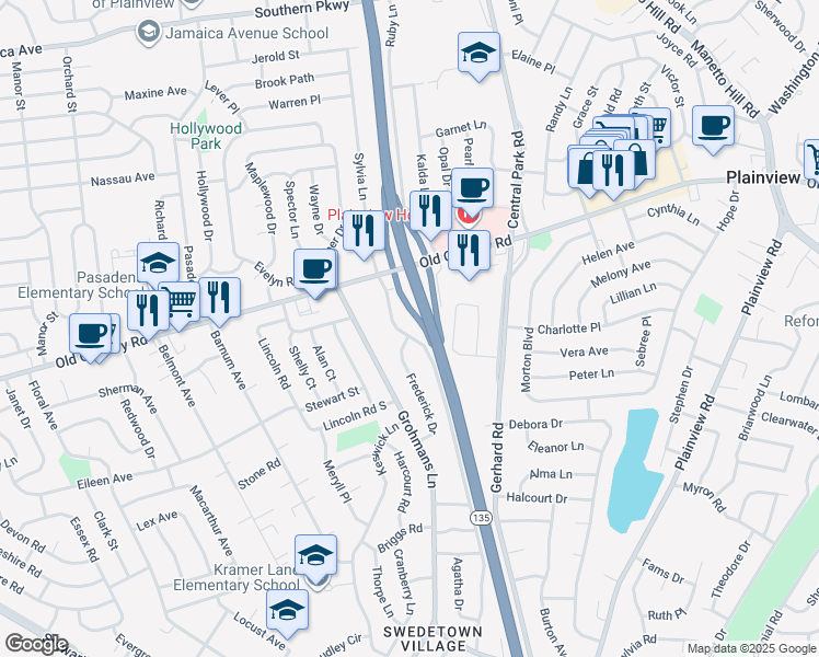 map of restaurants, bars, coffee shops, grocery stores, and more near 50 West Lane Drive in Plainview