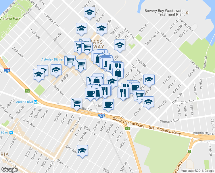 map of restaurants, bars, coffee shops, grocery stores, and more near 22-42 41st Street in Queens