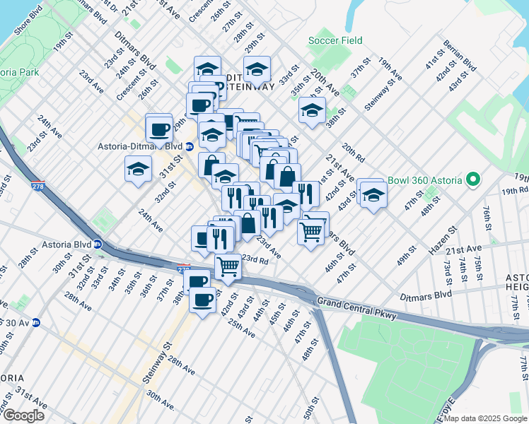 map of restaurants, bars, coffee shops, grocery stores, and more near 22-70 Steinway Street in Queens